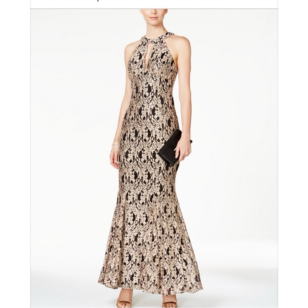 Halter Lace-Overlay Maxi Dress in Black and Beige